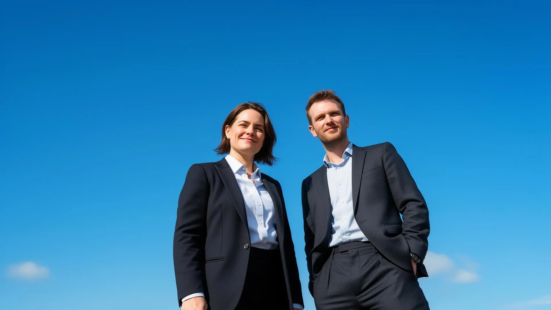 Two confident UK business owners against a bright blue sky