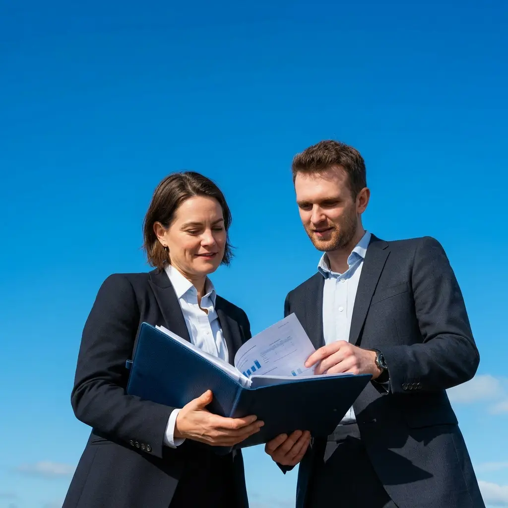 Confident UK business owner holding paperwork against a bright blue sky