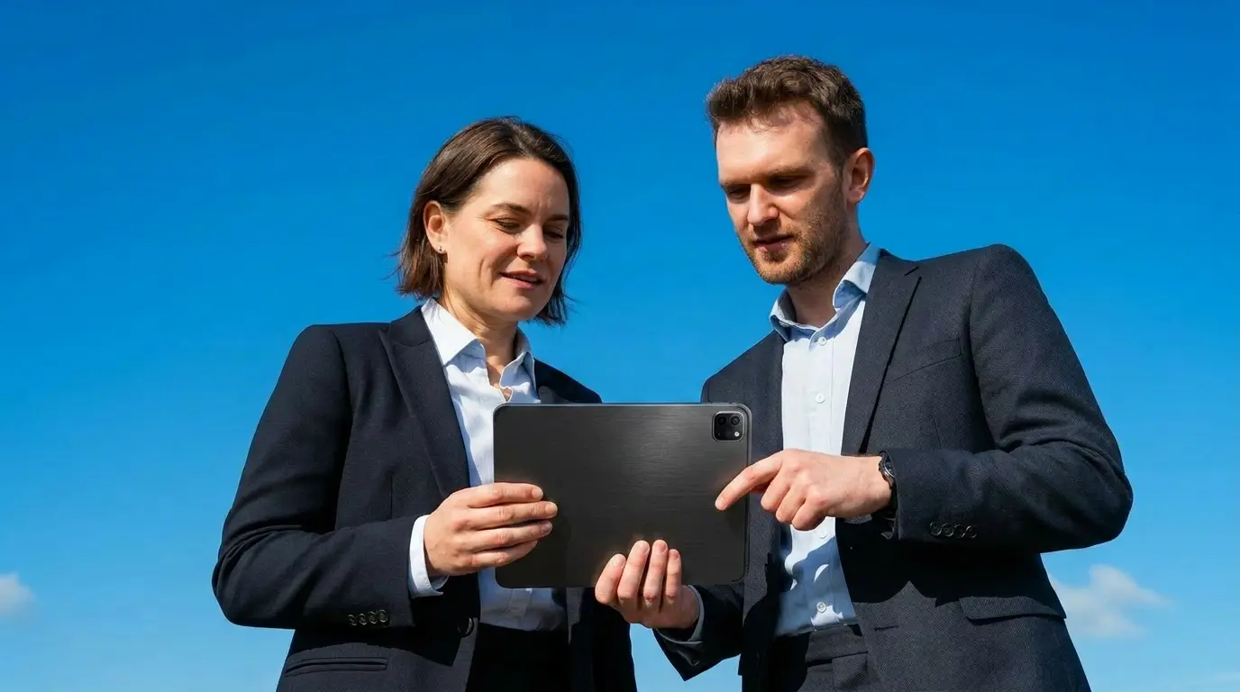 UK business owners reviewing a business loan refinance proposal on a tablet against a bright blue sky