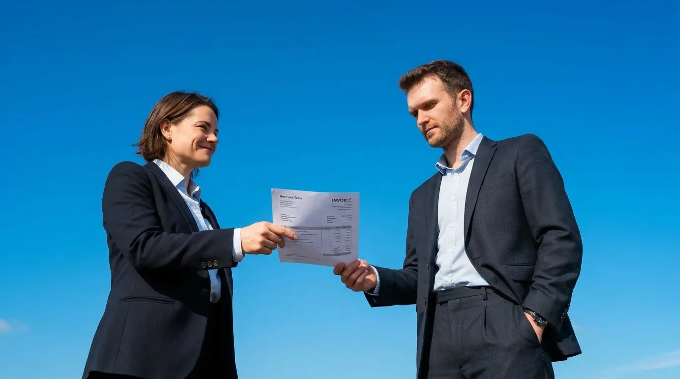 UK business owners comparing an invoice finance facility document against a bright blue sky